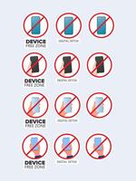 Set of stickers. Crossed out hand icon with a phone. The concept of ban devices, free zone devices, digital detox. Blank for sticker. Isolated. Vector. vector