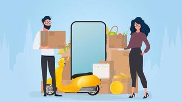 Collage on the theme of delivery. The girl and the guy are holding boxes. Yellow scooter with food shelf, telephone, gold coins, cardboard boxes, paper grocery bag. vector