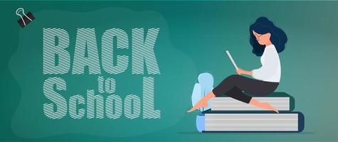 Back to school banner. A girl with glasses holds a stack of books. Stationery, leather scabbard, pens, pencils, felt-tip pens, rulers. Concept for the start of the school season. Vector. vector
