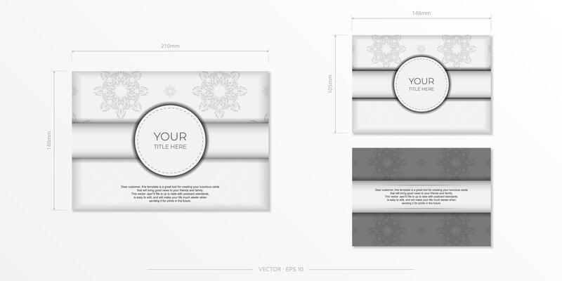 Luxurious white rectangular invitation card template with vintage abstract ornament. Elegant and classic vector elements ready for print and typography. Vector illustration.