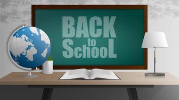 Back to school banner. Green board, open book, wooden table in the loft style, globe, table lamp, pot of grass, gray concrete wall. Realistic style vector illustration.