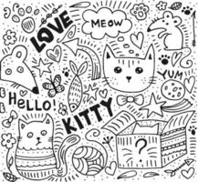 Doodle style hand drawn. Nature, animals and elements. Vector illustration. Cat life. Black and white illustration.