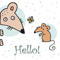 estilo garabato dibujado a mano. naturaleza, animales y elementos. ilustración vectorial dos ratones miran una mariposa. Hola. vector