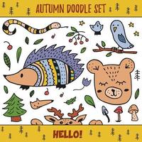 Doodle style hand drawn. Nature, animals and elements. Vector illustration. Autumn doodle set.