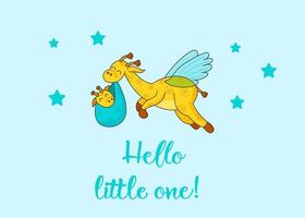 una postal para un recién nacido. jirafa voladora divertida. Hola bebé. felicitaciones por el nacimiento de un niño. certificado de nacimiento. Hola Mundo. vector