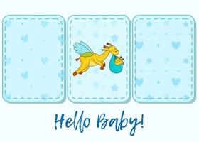 Set of 3 patterns and lettering. A postcard for a newborn. Funny flying giraffe. Hello Baby. Congratulations on the birth of a child. Birth certificate. Hello world. vector