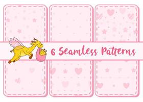 Set of 6 patterns and lettering. A postcard for a newborn. Funny flying giraffe. Hello Baby. Congratulations on the birth of a child. Birth certificate. Hello world. vector