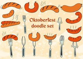 Oktoberfest 2022 - Beer Festival. Hand-drawn Doodle Elements. German Traditional holiday. Octoberfest, Craft Beer. Blue-white rhombus. Set of elements. Sausage with a fork. vector