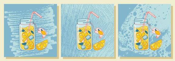 limonada fresca con menta y cubitos de hielo. rodajas de limón, hojas de menta. ilustración vectorial con texturas. vector