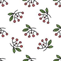 Seamless pattern. Doodle style hand drawn. Nature elements. Vector illustration. Red clusters of mountain ash rowan on a white background.