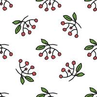 Seamless pattern. Doodle style hand drawn. Nature elements. Vector illustration. Red clusters of mountain ash rowan on a white background.