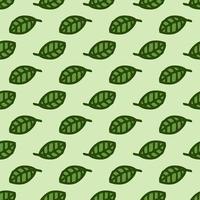 Seamless pattern. Doodle style hand drawn. Nature elements. Vector illustration. Green leaves on a green background.