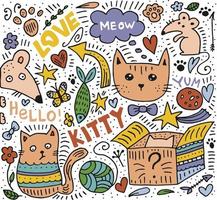 Doodle style hand drawn. Nature, animals and elements. Vector illustration. Cat life. Colorful illustration.