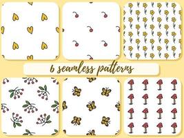 Set of 6 seamless pattern. Doodle style hand drawn. Nature, animals and elements. Vector illustration. Yellow hearts, flowers and butterflies. Red cranberries, rowan mountain ash and fly agarics.