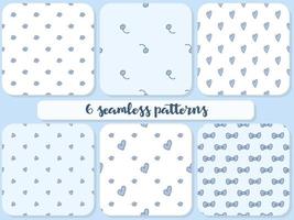 Set of 6 patterns seamless pattern. Doodle style hand drawn. Nature, animals and elements. Vector illustration. Blue berries, bows, hearts and flowers on a white and a light blue background.