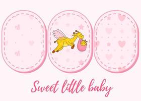 Set of 3 patterns and lettering. A postcard for a newborn. Funny flying giraffe. Hello Baby. Congratulations on the birth of a child. Birth certificate. Hello world. vector