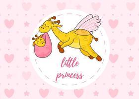 A postcard for a newborn. Funny flying giraffe. Hello Baby. Congratulations on the birth of a child. Birth certificate. Hello world. vector