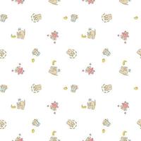 Seamless pattern. Feline seamless pattern. Funny cats in doodle style. A cat with a banana, a ballerina in a pink dress, in swimming trunks with a rubber duck and fish. vector