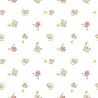 Seamless pattern. Feline seamless pattern. Funny cats in doodle style. A cat with a banana, a ballerina in a pink dress, in swimming trunks with a rubber duck and fish. vector