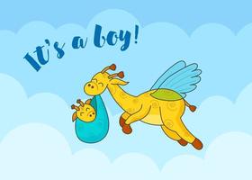 A postcard for a newborn. Funny flying giraffe. Hello Baby. Congratulations on the birth of a child. Birth certificate. Hello world. vector