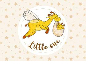 A postcard for a newborn. Funny flying giraffe. Hello Baby. Congratulations on the birth of a child. Birth certificate. Hello world. vector