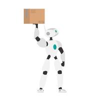 White Robot is holding a box. Futuristic robot. The concept of future delivery, artificial intelligence and technology. Isolated, vector. vector