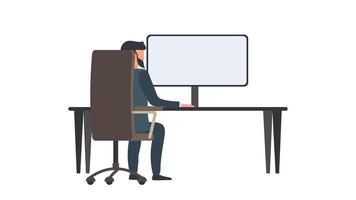 A man works on a computer. A man sits at a desk looking from the back. Isolated. Vector. vector