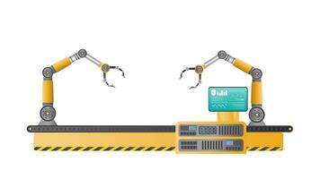 Transportador automático de línea de producción completo con manipuladores robóticos. operación automática. manipulador de robot industrial. tecnología industrial moderna. Aparatos para plantas de fabricación. aislado, vector