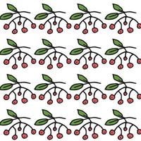 Seamless pattern. Doodle style hand drawn. Nature elements. Vector illustration. Red clusters of mountain ash rowan on a white background.