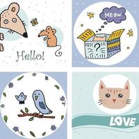 Animal set. Doodle style hand drawn. Nature, animals and elements. Vector illustration. Mice, owl, chick, cat, butterfly, box, schrodinger's cat.
