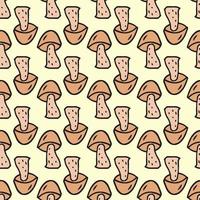 Seamless pattern. Doodle style hand drawn. Nature, animals and elements. Vector illustration. Beige mushrooms on a light yellow background.