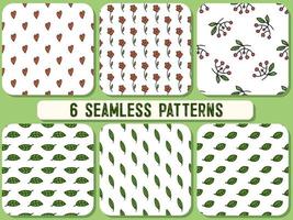 Set of 6 seamless pattern. Doodle style hand drawn. Nature elements. Vector illustration. Green leaves and red hearts, flowers and mountain ash rowan on a white background.