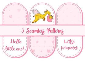 Set of 3 patterns and lettering. A postcard for a newborn. Funny flying giraffe. Hello Baby. Congratulations on the birth of a child. Birth certificate. Hello world. vector