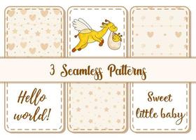 Set of 3 patterns and lettering. A postcard for a newborn. Funny flying giraffe. Hello Baby. Congratulations on the birth of a child. Birth certificate. Hello world. vector