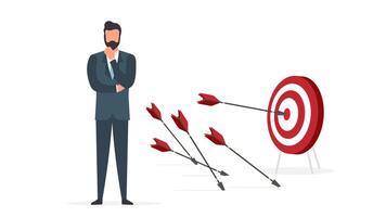 Businessman hits the target. Hit the center of the target with an arrow. The concept of motivation and achievements in business. Isolated. . vector