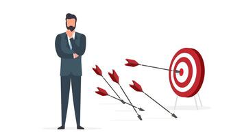 Businessman hits the target. Hit the center of the target with an arrow. The concept of motivation and achievements in business. Isolated. Vector. vector