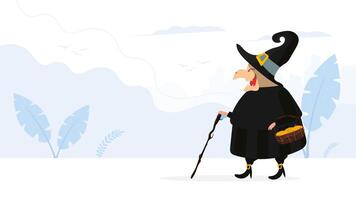 A witch in a black robe walks through the forest. Witch with a hat. Suitable for Halloween-themed designs. Isolated. Vector. vector