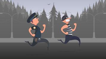 A policeman runs after a thief. A criminal escapes from the policeman. Cartoon style. Vector. vector