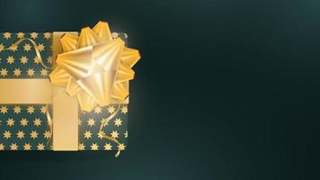 Background with realistic dark green gift box, gold ribbons, stars and bow. Background with space for text. View from above. Vector illustration.