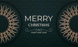 A green and gold merry christmas card with a circular pattern vector