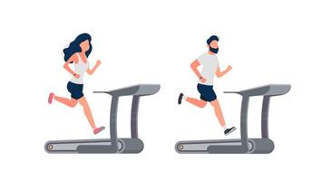 conjunto de personas corriendo. un chico y una chica corren en un simulador. rueda de andar. aislado. vector. vector