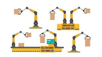 Transportador automático de línea de producción completo con manipuladores robóticos. operación automática. manipulador de robot industrial. tecnología industrial moderna. Aparatos para plantas de fabricación. aislado, vector