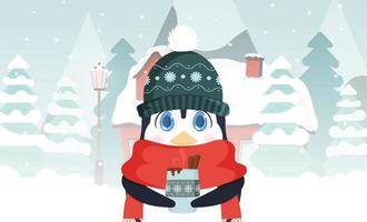A little cute penguin in a winter hat and a scarf holds a hot drink in his hands. House in a snowy forest. Christmas trees, mountains, snow. Vector illustration.