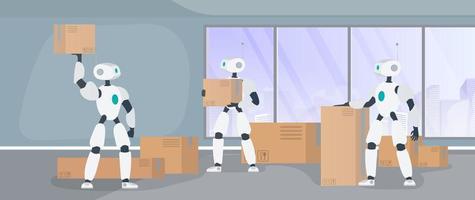 Robots work in a manufacturing warehouse. Robots carry boxes and lift the load. Futuristic concept of delivery, transportation and loading of goods. Vector. vector