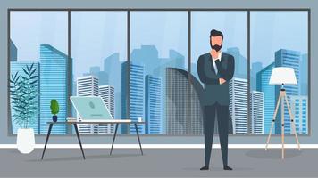 A businessman in a business suit is sitting at his office. Businessman posing thoughtfully. Vector. vector