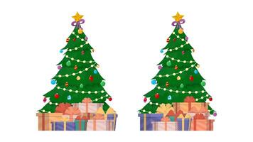 banner de año nuevo con árbol de navidad y regalos. árbol de coníferas verde. regalos debajo del árbol. vector. vector