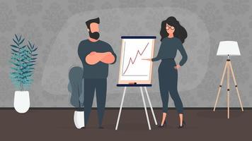 The girl shows a report to the boss. Presentation with positive dynamics. Board for paper. Infographics. Business growth. Isolated. Vector. vector