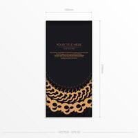 Dark black gold invitation card template with white Indian ornaments. Elegant and classic elements ready for print and typography. Vector illustration.