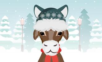 A bull in a warm winter hat against the background of a winter forest. Vector