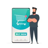 The guy is standing next to a large smartphone. Phone with online store application. Buy button. Cart, new order. Online shopping and payment concept. Isolated. Vector. vector